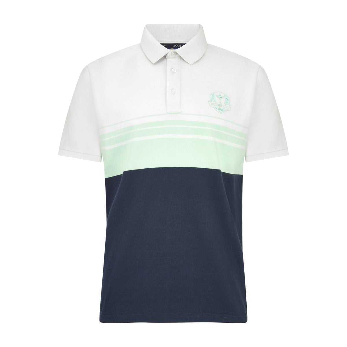 Official 2023 Ryder Cup Men&#39;s White/Mint Green Stripe Polo - Front