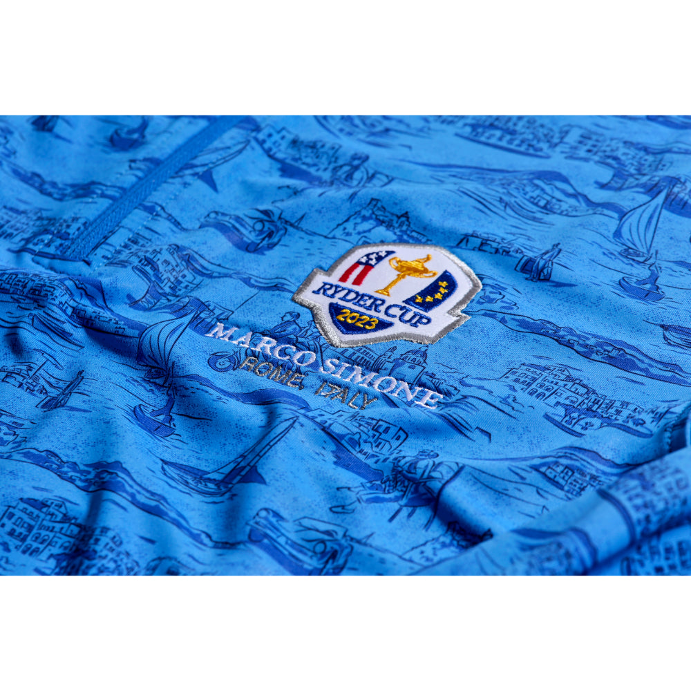 2023 Ryder Cup Peter Millar Men&#39;s Italian Blue Printed Perth 1/4 Zip Mid Layer Badge Close-up