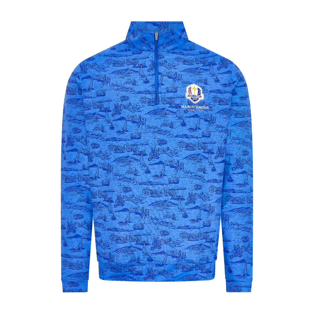 2023 Ryder Cup Peter Millar Men&#39;s Italian Blue Printed Perth 1/4 Zip Mid Layer Front